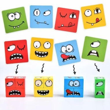 Face Changing Cube Wooden Puzzle Magic Expression Building Blocks Educational Toy Board Game Christmas Birthday Gift Pattern Matching