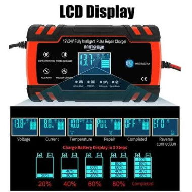 Fast Efficient 8-Amp Car Battery Charger and Maintainer with Temperature Compensation Trickle charging for long-term battery maintenance,LCD Display,support both 12V & 24V batteries