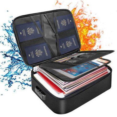 File Document Organizer Bags Fireproof Safe Lock Multi-Layer Portable Filing Storage For Important Passport Certificates (Black)