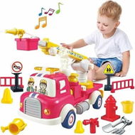 Detailed information about the product FireTruck Construction Fire Engine Water Sprinkler Sound Light Montessori Pull Back Car Toys Fruit Building Block Birthday Gifts for Kids Boys Girls