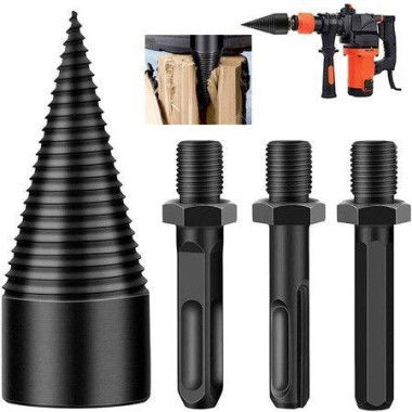 Firewood Log Splitter 3 Pcs Drill Bit Removable Cones Kindling Wood Splitting Logs Bits Heavy Duty Electric Drills Screw Cone Driver Hex + Square + Round 32mm/1.26 Inch.