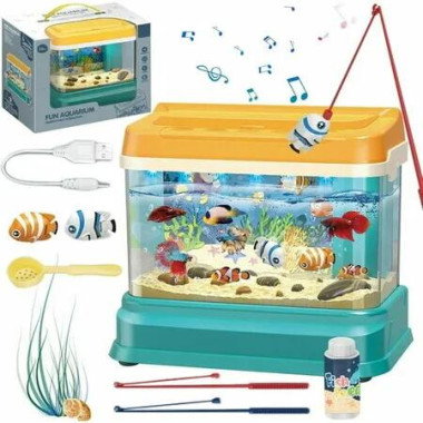 Fish Tank Play Set Interactive Feeding Aquarium Toy USB Light Music Electric Mini Artificial Realistic Kids Christmas Birthday Gift