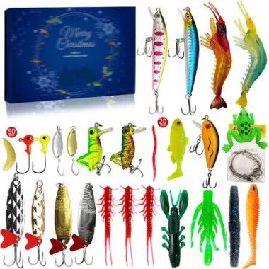 Fishing Advent Calendar 2024, 24 Days of Christmas Countdown Calendar with Fishing Lures Set for Fisher Men Teen Boys, Blue