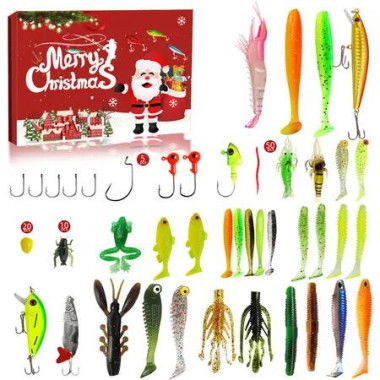 Fishing Advent Calendar 2024, 24 Days of Christmas Countdown Calendar with Fishing Lures Set for Fisher Men Teen Boys, Red