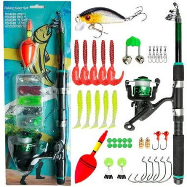 Fishing Tackle Set Telescopic Fishing Rod and Spinning Reel Kit, Saltwater Freshwater Fishing Rod Kit (Green)