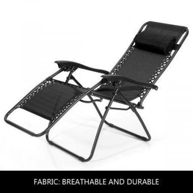 Foldable Zero Gravity Sun Bath Bed Beach Recliner Chair With Padded Headrest - Black.