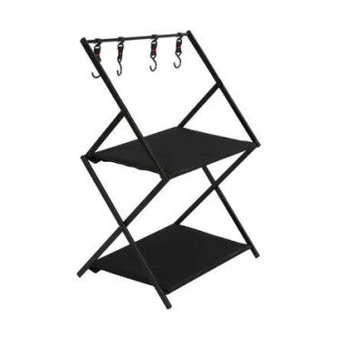 Foldable Camping Storage Shelves 2 Layer with Hooks Black