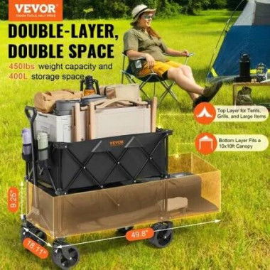 Foldable Double Decker Wagon, 400L Collapsible Wagon Cart with All-Terrain Wheels, Heavy Duty Folding Wagon Cart 450 lbs Weight Capacity for Camping, Shopping, Garden, 52' Extra Long Extender