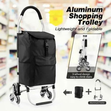 Foldable Shopping Cart Trolley Bag Dolly Aluminium Waterproof Wheeled Storage Grocery Market Utility Granny Stair Climbing Wheels 45L