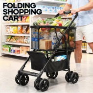 Detailed information about the product Foldable Shopping Cart Trolley Mobile Personal Collapsible Grocery Utility Tote Bag Basket Portable Folding Rolling Market Travel Granny Wheels 2 Tier
