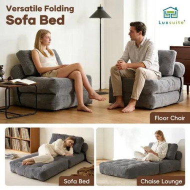 Folding Floor Sofa Bed Set 3in1 Convertible Sleeper Chair Couch Lounge Chaise Mattress Ground Seat Comfy Fold Out Guest Lounger Back Support Pillow