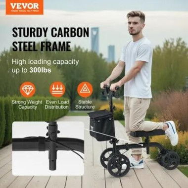 Folding Knee Scooter Carbon Steel Steerable Knee Walker with Height-Adjustable Handlebar & Knee Pad All-Terrain Solid Wheels Dual Brakes Leg Recovery