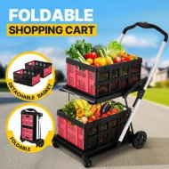 Detailed information about the product Folding Shopping Cart Trolley Hand Truck 2 Baskets Utility Luggage Collapsible Foldable Dolly for Tennis Ball Grocery Camping Office Moving 4 Wheels