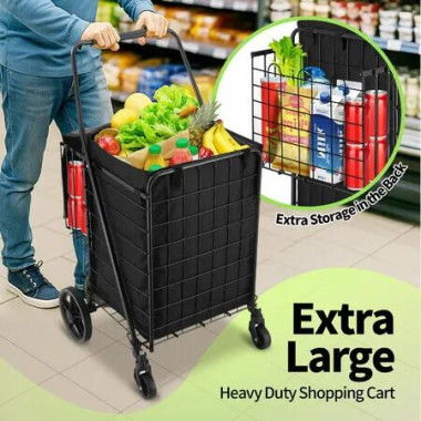 Folding Shopping Cart Trolley Portable Grocery Bag Storage Basket Waterproof Wheeled Rolling Market Utility Granny Camping Dolly Steel Foldable 40kg