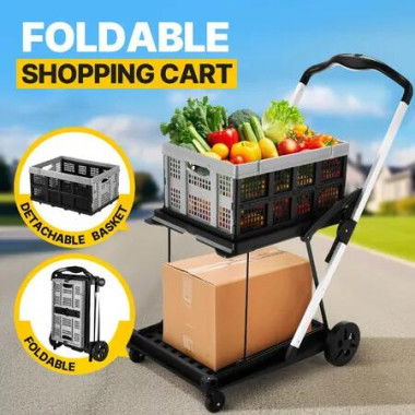 Folding Trolley Cart Push Dolly Collapsible Hand Truck Utility Shopping Luggage Carrier Basket Foldable Moving Grocery Office Service Gym Tennis Ball