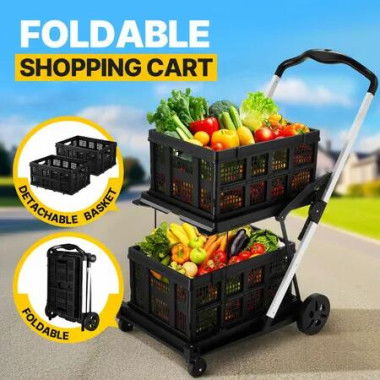 Folding Trolley Hand Truck Dolly Luggage Shopping Utility Cart Collapsible Foldable 2 Baskets for Office Moving Grocery Tennis Ball Camping 4 Wheels