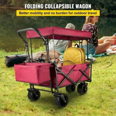 Folding Wagon Cart, Collapsible Folding Garden Cart w/ Shade Beach Utility