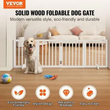 Free Standing Dog Gate, 24' H x 80.3' W Freestanding Pet Gate, 4 Panels Foldable Dog Gate for Wide and Narrow Passageways, Expandable Dog Barrier with Silent Foot Support for Indoor, White