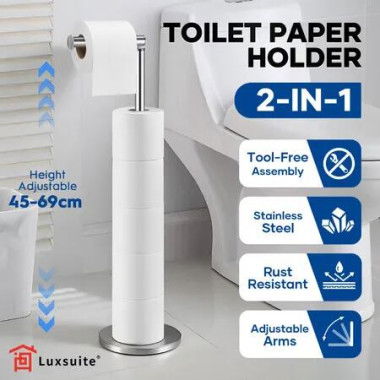 Free Standing Toilet Paper Holder Adjustable Bathroom Organiser Spare Tissue Roll Storage Reserve Floor Stand Pole Dispenser Stainless Steel Rack 69cm