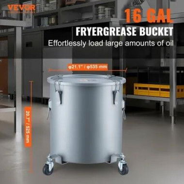 Fryer Grease Bucket 60.5L/16Gal Oil Disposal Caddy with Caster Base Carbon Steel Rust-Proof Coating Oil Transport Container with Lid Lock Clips Filter Bag