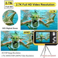 Detailed information about the product Full HD 2.7K 48MP Waterproof Camera,Video Recorder with Dual Screens,16X Digital Zoom, Flashlight for Snorkeling Capabilities(Yellow)