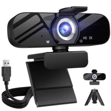 Full HD Webcam with Built-in Microphone and Rotatable Tripod,2K Video and Wide Angle Camera,Privacy Cover,for Desktop PC or Laptop Computer