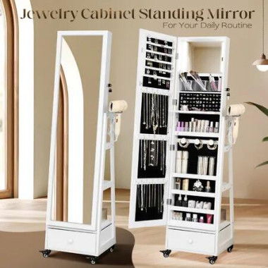 Full Length Floor Mirror Jewellery Cabinet Armoire Organiser Storage Shelf Free Standing Box Vanity Makeup Dressing with Wheels LED Lights 40x37x160cm