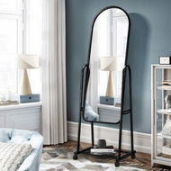 Detailed information about the product Full Length Mirror With Wheels Body Standing Hanging Floor Swivel Tilting Wall Mounted Arch Dressing Makeup Bedroom Hallway Storage Rack Black