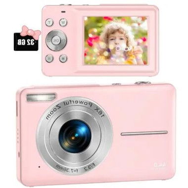 Fun and Easy Digital Camera for Kids - 1080P Video, 16X Zoom, and Compact Design Perfect for Teens, Students, and Beginners (Pink)