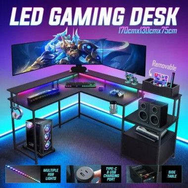 Gaming Desk L Shaped Corner Computer Racer Standing Side Table Drawer with LED Lights Storage Shelves Carbon Fibre