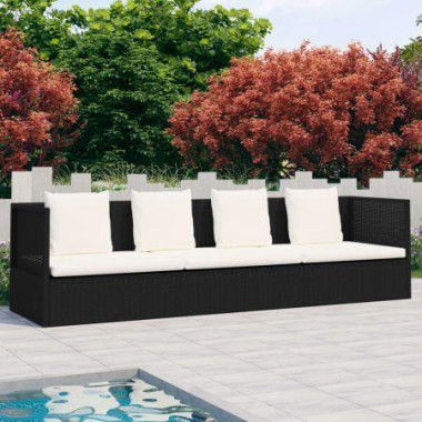 Garden Bed With Cushion & Pillows Poly Rattan Black.