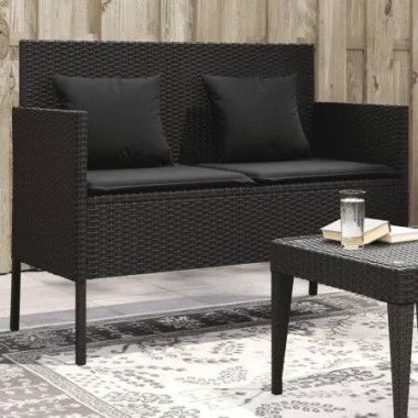 Garden Bench with Cushions Black Poly Rattan