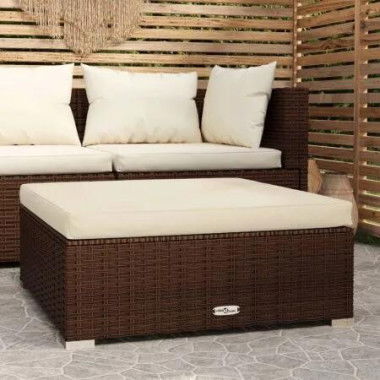 Garden Footrest with Cushion Brown 70x70x30 cm Poly Rattan