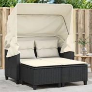 Detailed information about the product Garden Sofa 2-Seater with Canopy and Stools Black Poly Rattan