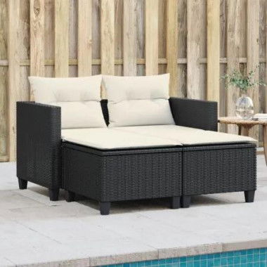 Garden Sofa 2-Seater with Stools Black Poly Rattan