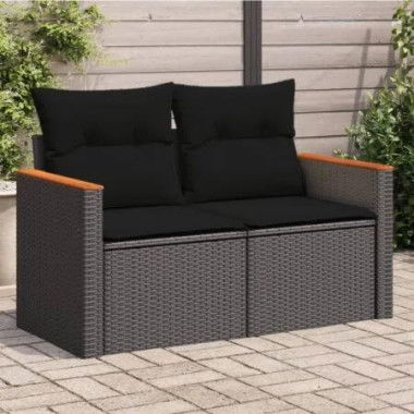 Garden Sofa with Cushions 2-Seater Black Poly Rattan