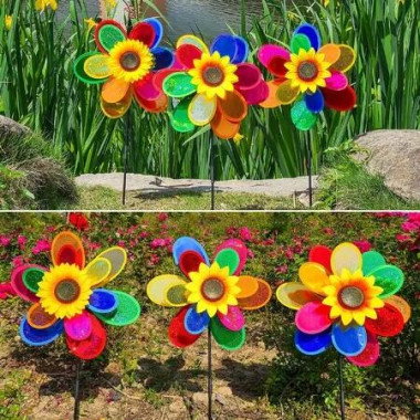 Garden Windmills Sunflower Rainbow Lawn Decorations 2 Pack 12 Inch Outdoor Yard Ornaments
