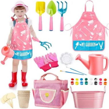 Gardening Tools 19PCS Watering Can Apron Shovel Kids Set Gloves Rake Painting Beach Sand Toy Easter Gift Outdoor Play Learning Activity Girls Durable