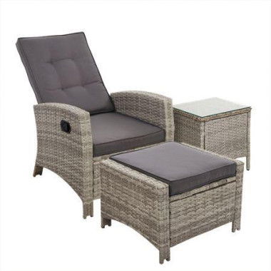 Gardeon 3PC Recliner Chairs Table Sun lounge Wicker Outdoor Furniture Adjustable Grey