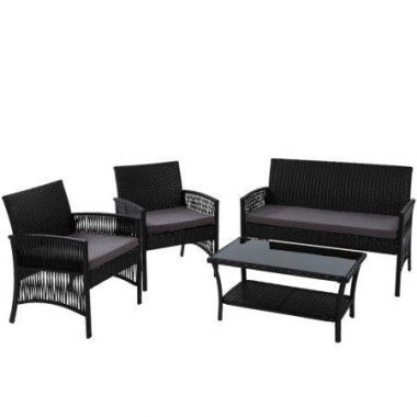 Gardeon 4PCS Outdoor Sofa Set Wicker Harp Chair Table Garden Furniture Black