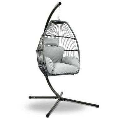 Gardeon Outdoor Egg Swing Chair Wicker Rope Furniture Pod Stand Cushion Grey