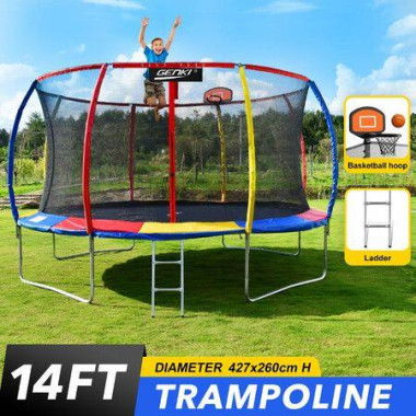 Genki 14ft Trampoline Rebounder Kids With Basketball Hoop Ladder Enclosure Jumping Bounce Outdoor Indoor Round