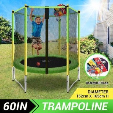 Genki 60-inch Kids Round Trampoline With Safety Enclosure & Basketball Hoop.
