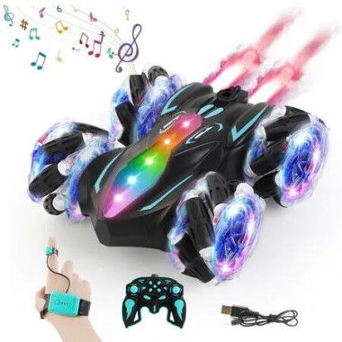 Gesture Sensing RC Stunt Car with Lights & Music, Hand Gesture Remote Control Car Toy with 360 Degree Spins Birthday Toys Gifts for Kids (Black)