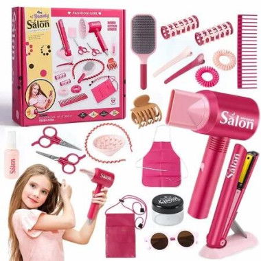 Girls Hair Salon Toy Set 21Pcs Beauty Stylist Kit Barber Apron Hairdryer Mirror Scissors Pretend Role Play Styling Dressing Learning