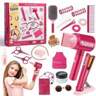 Detailed information about the product Girls Hair Salon Toy Set 21Pcs Beauty Stylist Kit Barber Apron Hairdryer Mirror Scissors Pretend Role Play Styling Dressing Learning