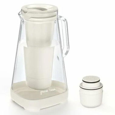 GLACIER FRESH 10 Cup Glass Water Pitcher with 1 Filter of 3X Flow Rate, Purela Glass Pitcher with 5-Stage Filtration Technology, Reduces 99% Chlorine