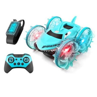 Green Amphibious RC Car with Lights Gesture Hand Remote Control Boat 4WD 2.4GHz Waterproof RC Stunt Car 360 Rotating Water Beach Pool Toys Gift