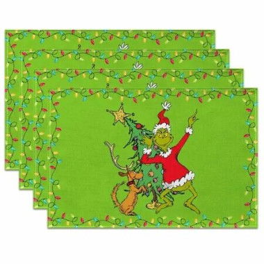Green Christmas Placemats for Dinning Room Kitchen Table Merry Christmas Xmas Winter Holiday Party Tablemats Decoration -Pack of 4
