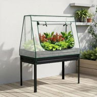Detailed information about the product Green Fingers Elevated Metal Garden Bed Kit w Mini Greenhouse Cover 116x60cm Stand-Up Height Trellis